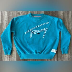 Tommy Hilfiger Crewneck Sweatshirt Spellout Logo Women’s XS Turquoise V-Collar